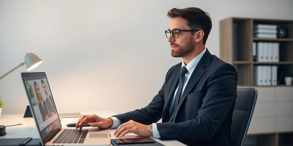 Professional dressed for video conferencing at a desk.