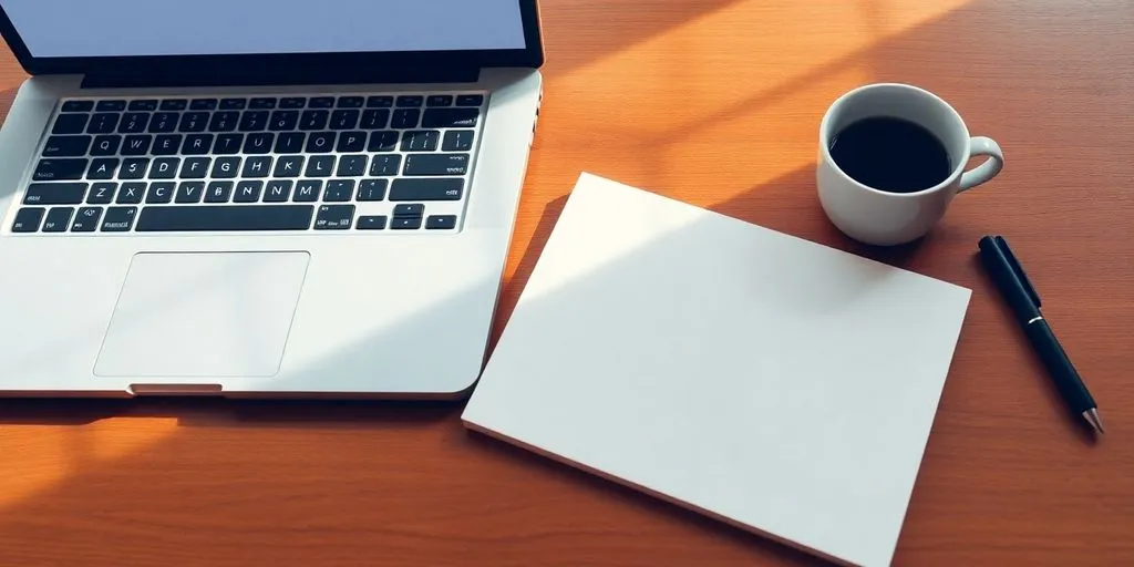 Flat lay of a workspace with laptop and coffee.