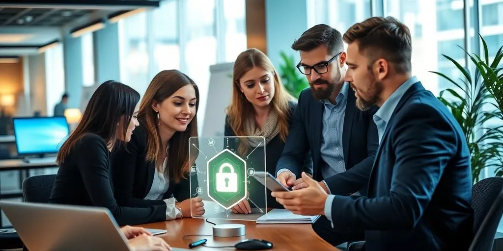 Business team discussing cybersecurity strategies in an office.