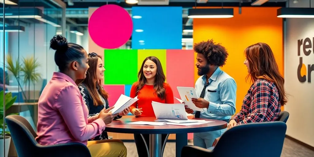 Diverse professionals collaborating in a modern office environment.