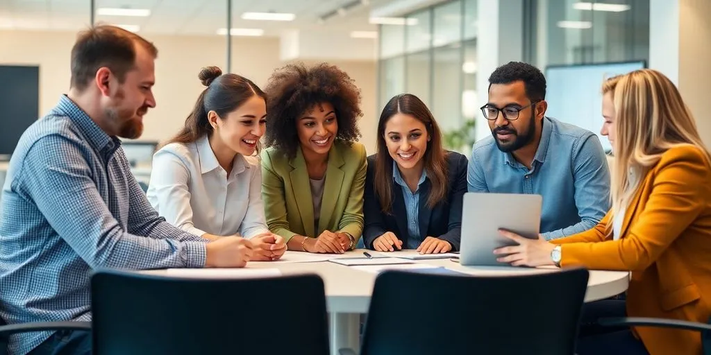 Team collaborating in a modern office setting.