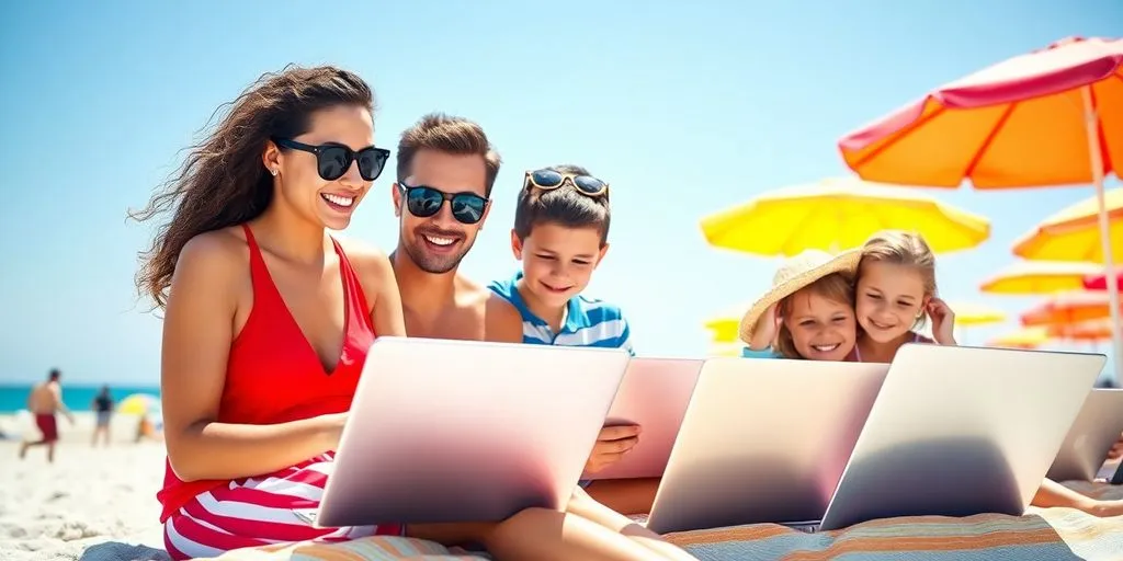 Family at the beach working and enjoying leisure together.