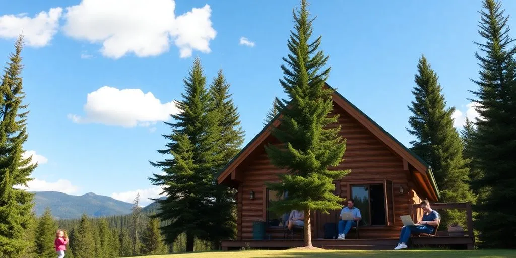 Mountain cabin with kids playing and parents working outside.