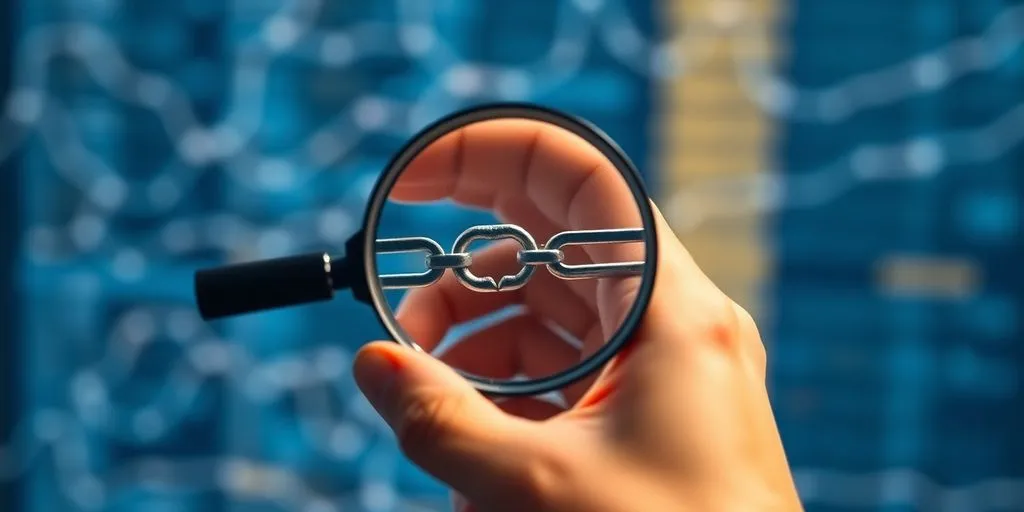 Hand with magnifying glass over linked chains.