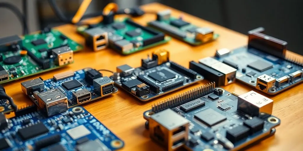 Close-up of different single board computers on a table.