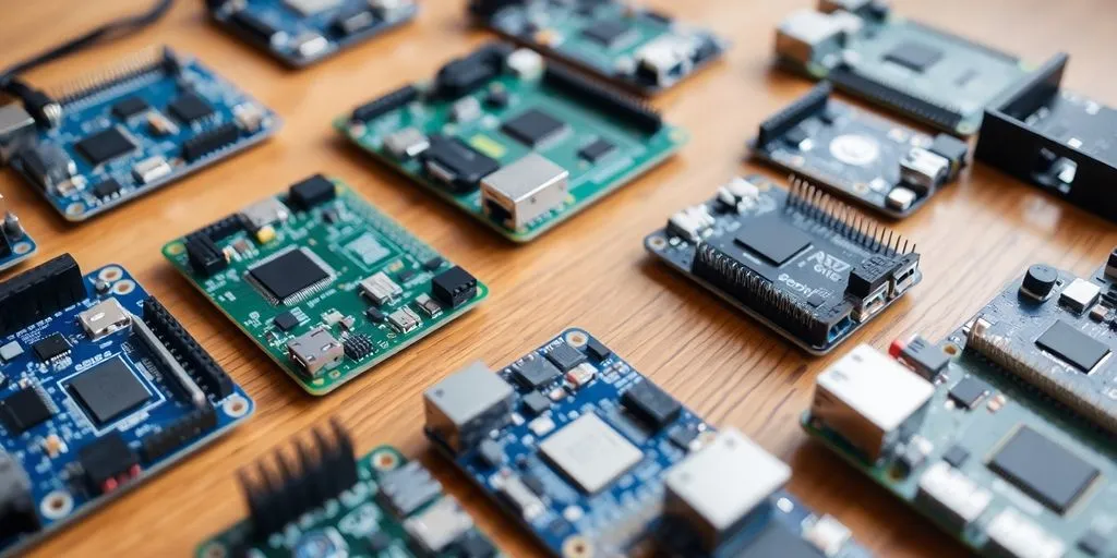 Various single board computers on a wooden surface.