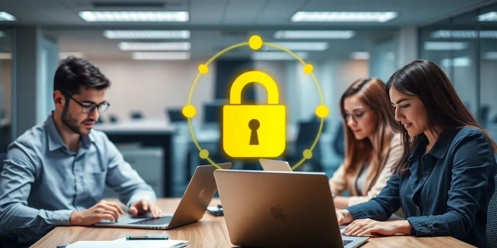 Office scene with professionals using laptops in a secure setting.