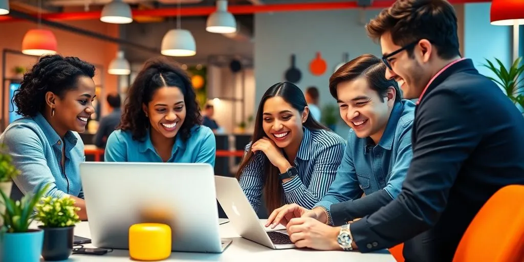 Entrepreneurs collaborating with influencers in a modern workspace.