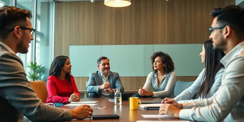 Diverse professionals collaborating in a modern meeting room.