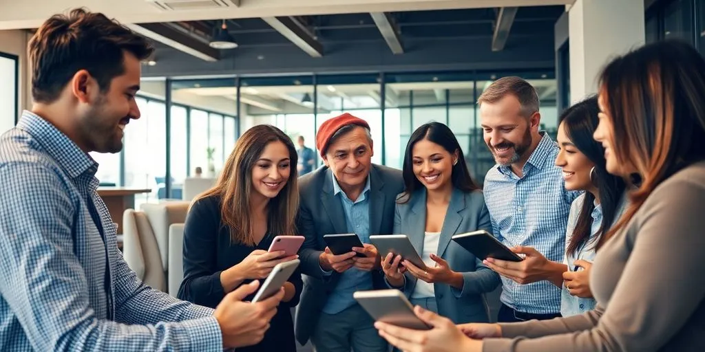 Professionals collaborating in a warm, inviting business setting.