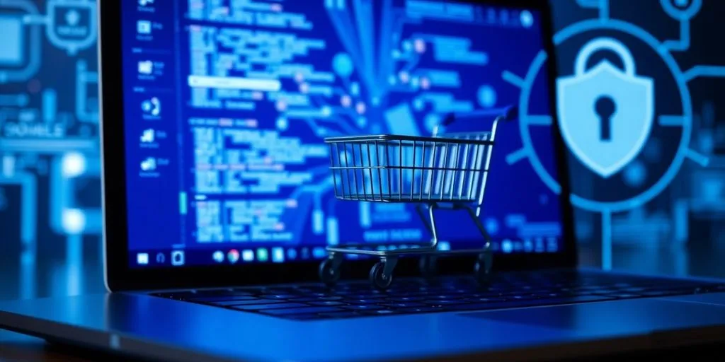 Laptop with shopping cart and security symbols.