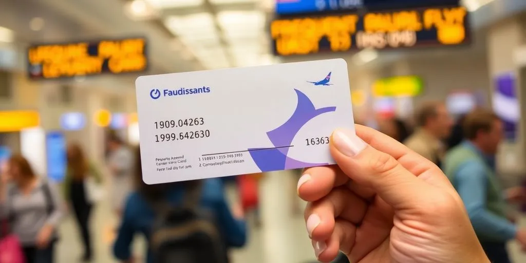 Frequent flyer card in a bustling airport setting.