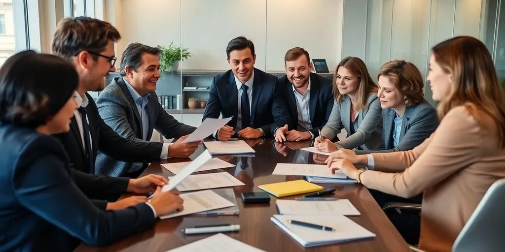 Business professionals discussing financial strategies in a modern office.