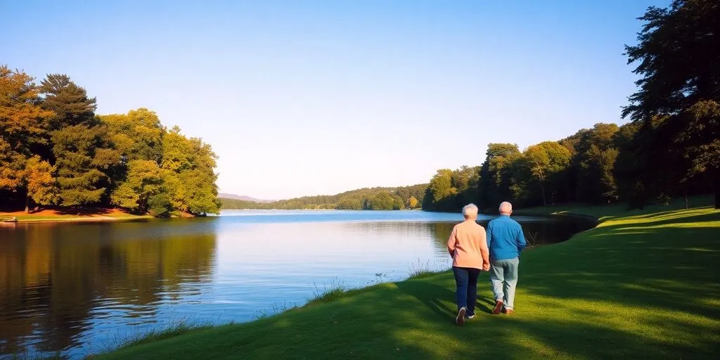Couple by a tranquil lake enjoying retirement.