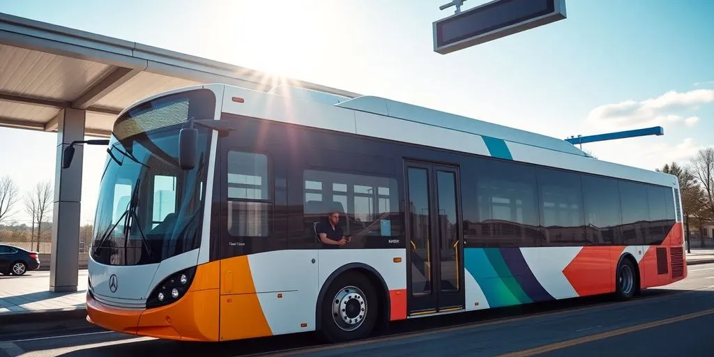Modern bus at transit station with automated fare technology.