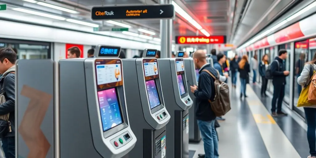 Automated fare collection machines at a public transit station.