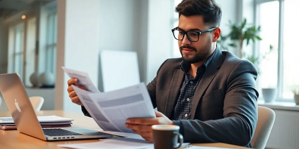 Entrepreneur reviewing financial documents in a modern workspace.