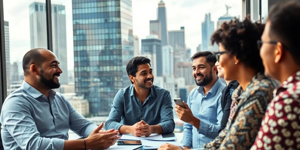 Entrepreneurs collaborating in a modern office setting.