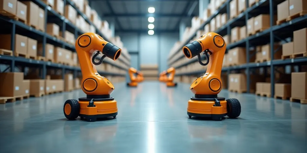 Robots working in a futuristic fulfillment center.