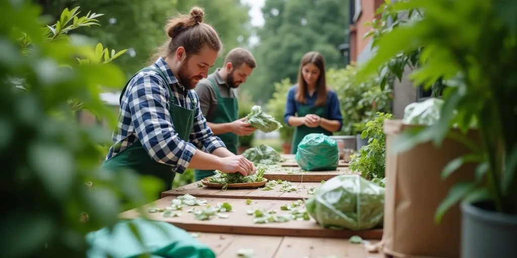 Employees sorting recyclable materials in a green workspace.