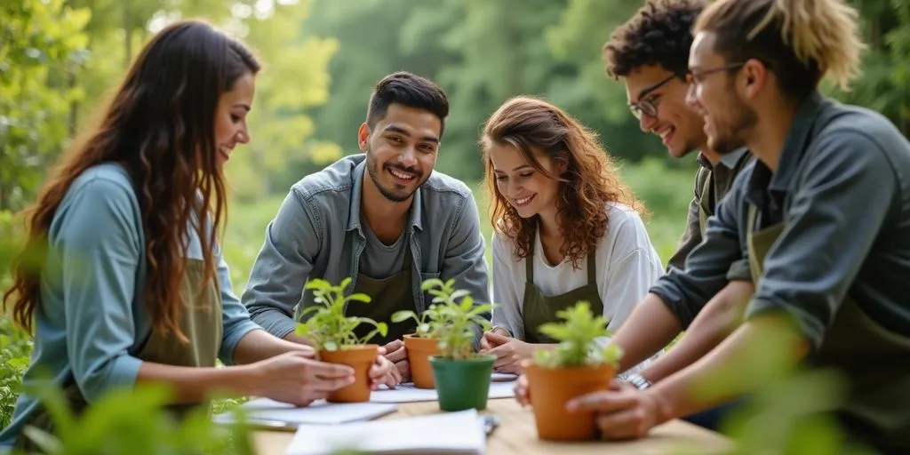 Employees collaborating on eco-friendly projects in a green setting.