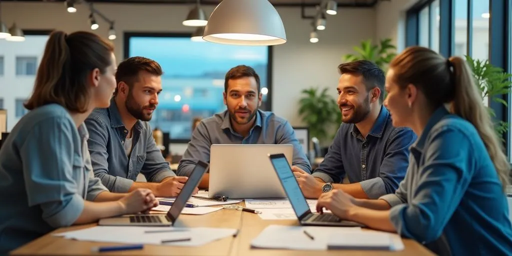 Team brainstorming in a vibrant office setting.