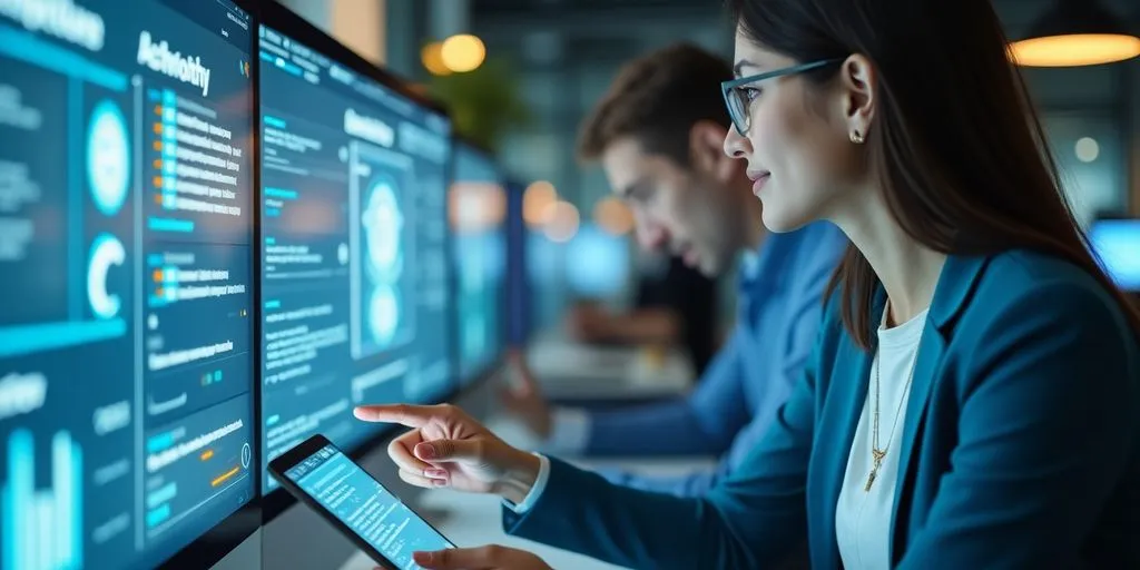Business person interacting with digital technology and AI.