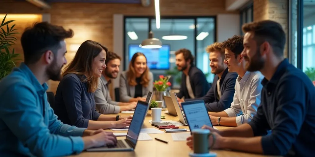Diverse team collaborating in a modern startup workspace.