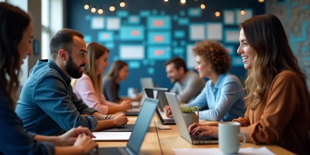 Diverse team collaborating in a vibrant startup workspace.