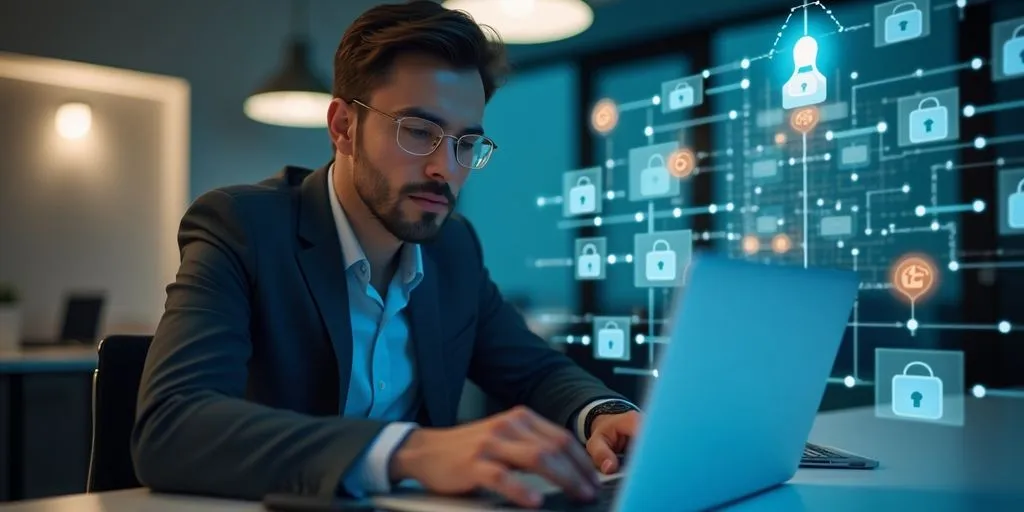 Business professional with laptop in modern office setting.