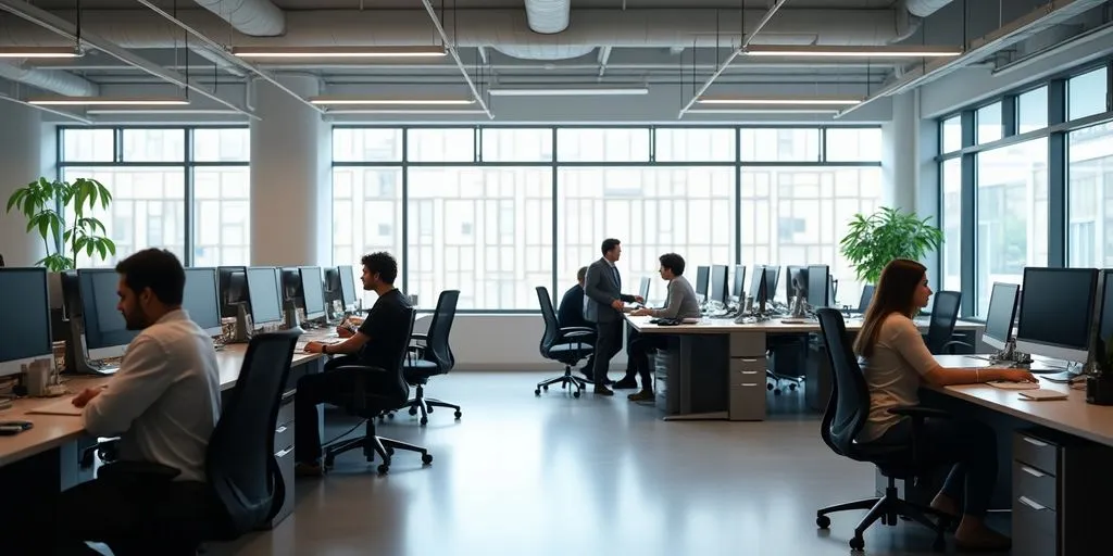 Modern office with collaborative workspaces and natural light.