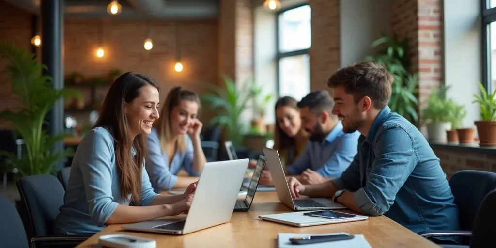 Entrepreneurs collaborating with digital tools in a modern workspace.