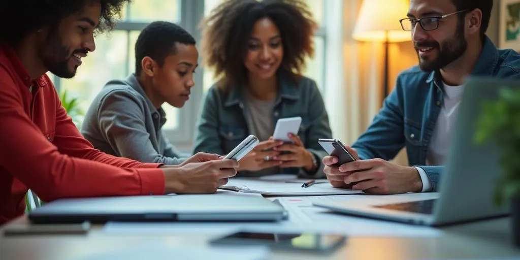 Entrepreneurs collaborating with digital devices in a vibrant workspace.