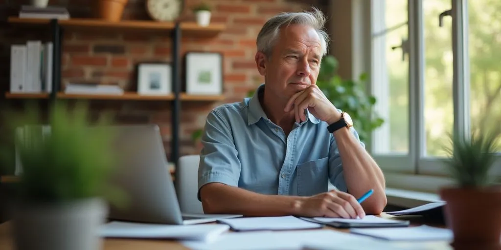 Entrepreneur planning retirement in a serene office setting.