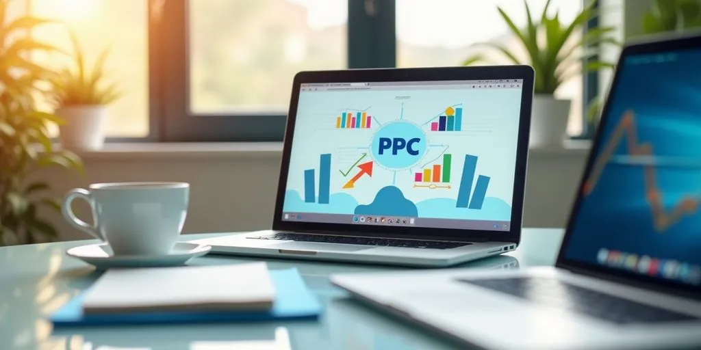 Modern workspace with laptop and coffee for PPC campaigns.