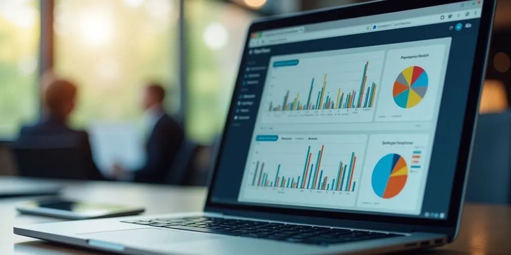 Laptop with marketing dashboard in a professional setting.