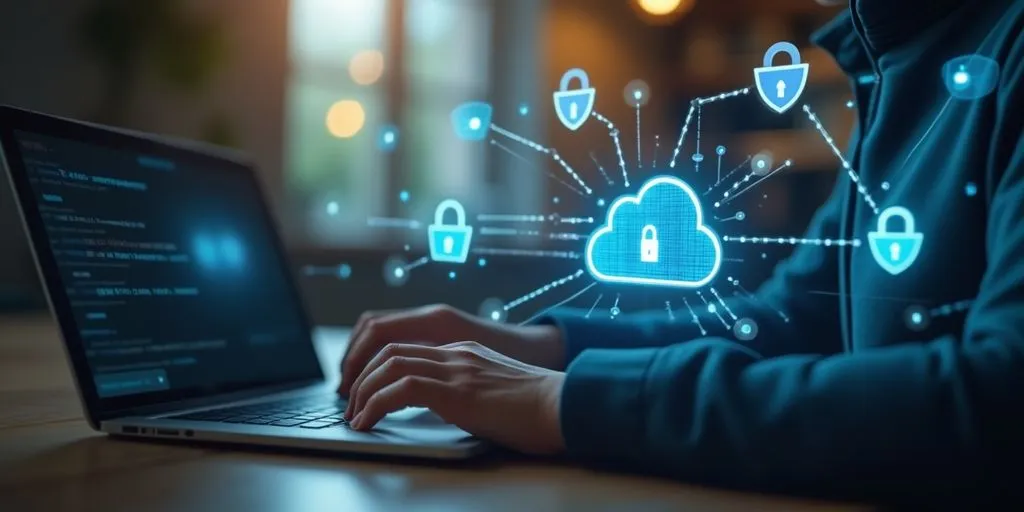 Person on laptop with digital security elements around