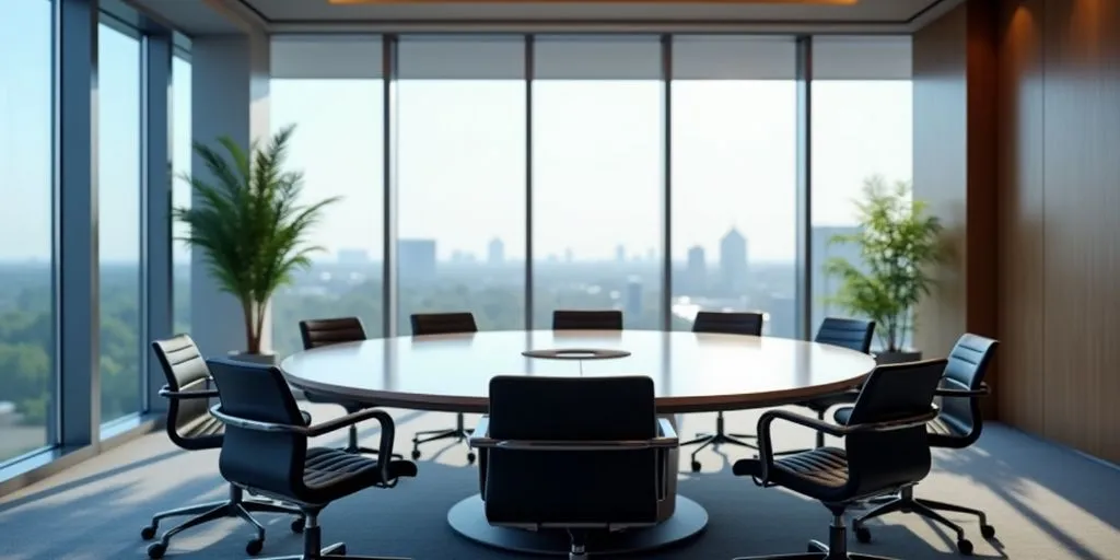 Modern boardroom with round table and natural light.