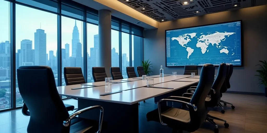 Modern boardroom with technology and city skyline view.