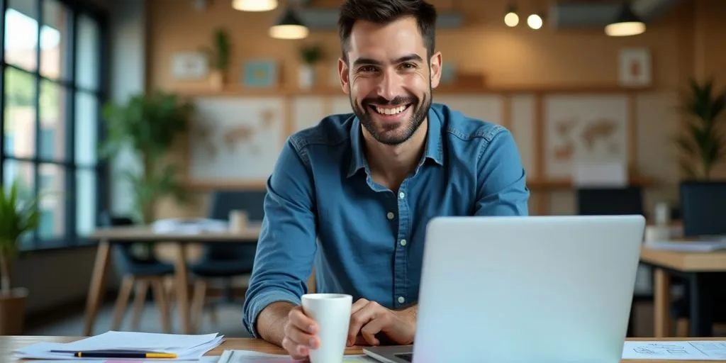 Entrepreneur working on business plans in a cozy office.