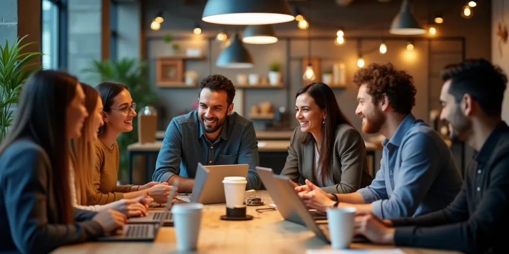 Entrepreneurs collaborating in a modern workspace.