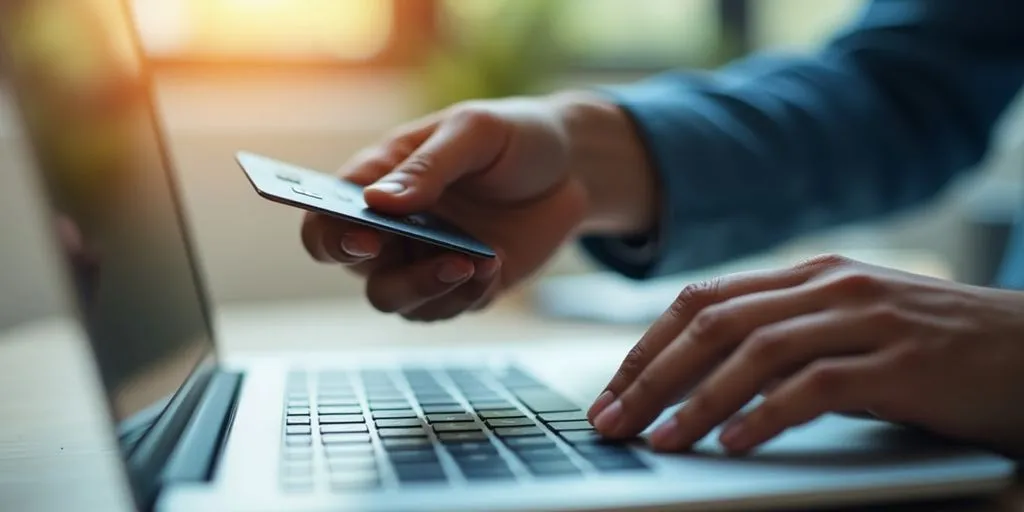 Hand using a credit card on a laptop for payment.