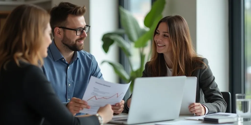 Two professionals in a modern office discussing eCommerce.