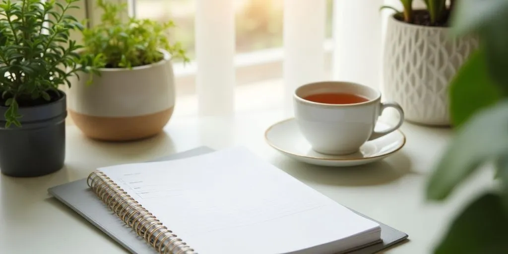 A cozy workspace with plants and a planner.