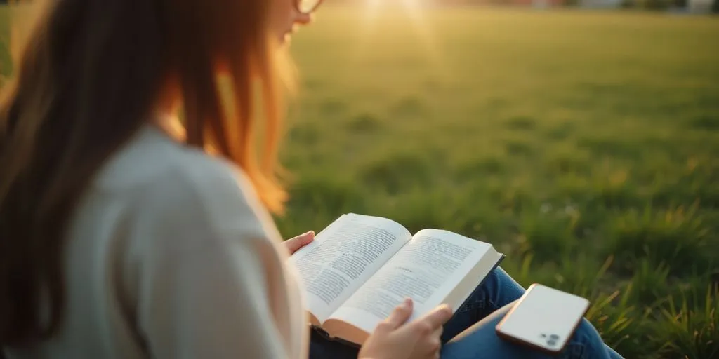 Person reading a book outdoors, balancing digital and offline.