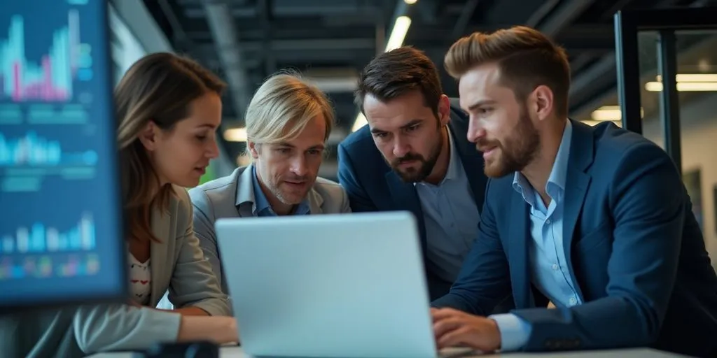 Business team discussing security in a modern office.