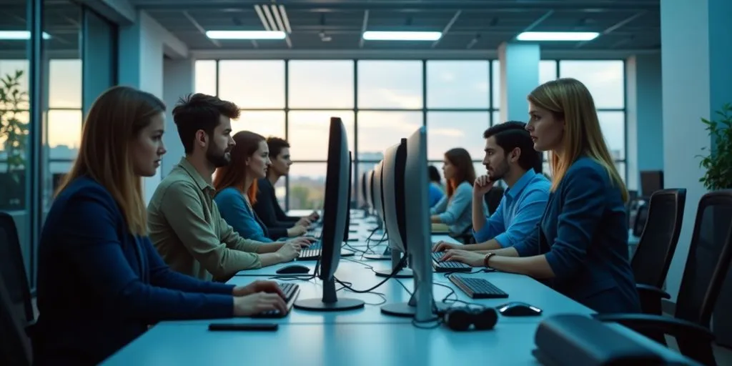 Diverse professionals collaborating in a modern office space.