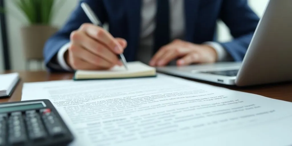 Business professional reviewing legal documents and tools.