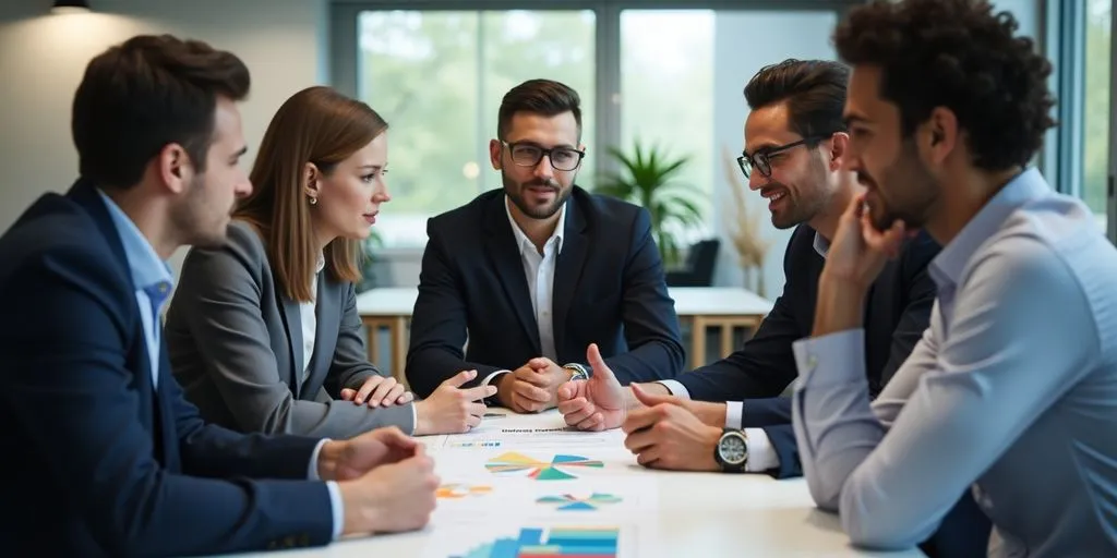Business professionals collaborating in a modern office environment.