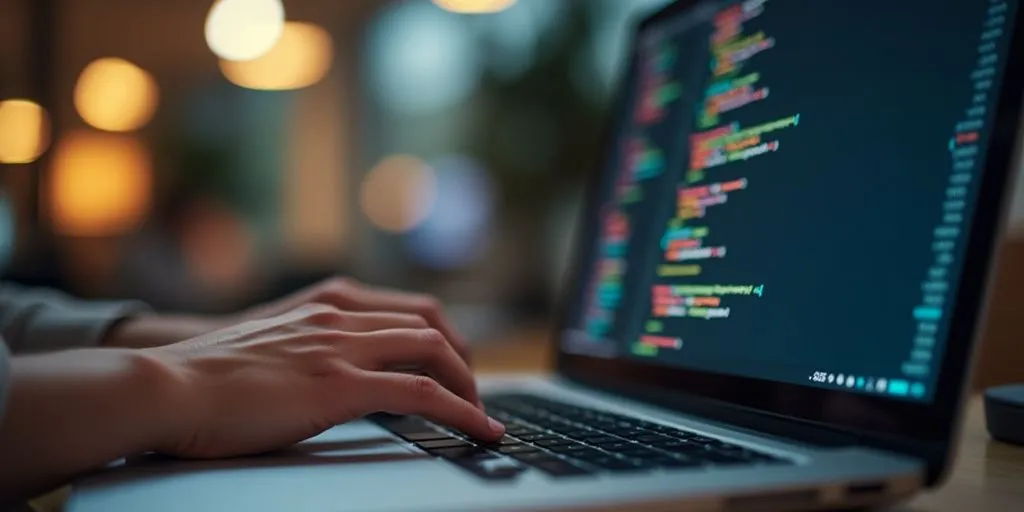 Developer coding on a laptop in a modern workspace.